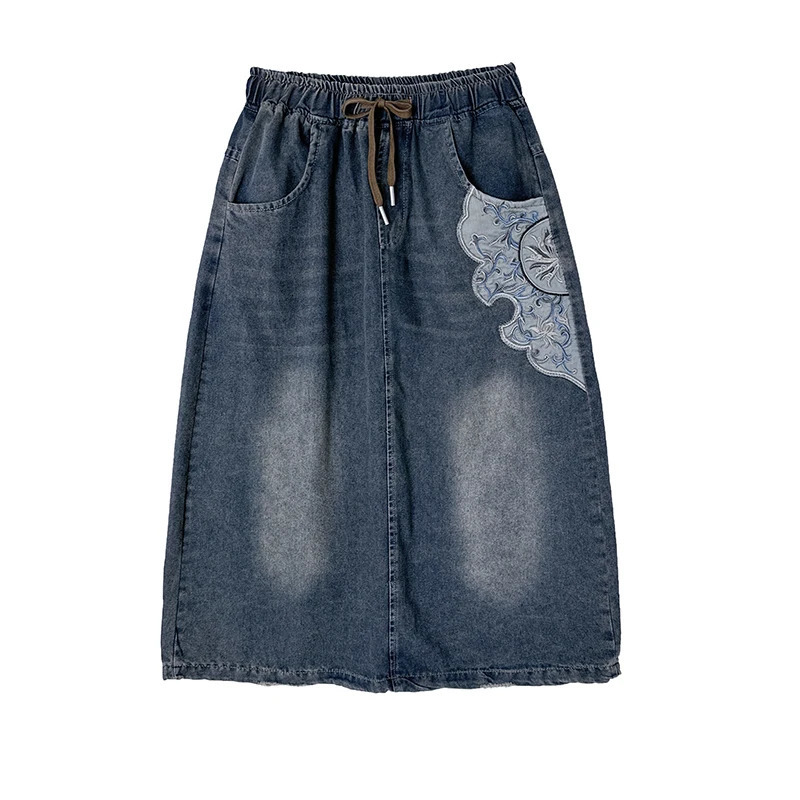 High Waist Denim Long Skirt Women Arrival Spring Vintage Style Floral y Loose Female Casual Aline Skirts S009 250311