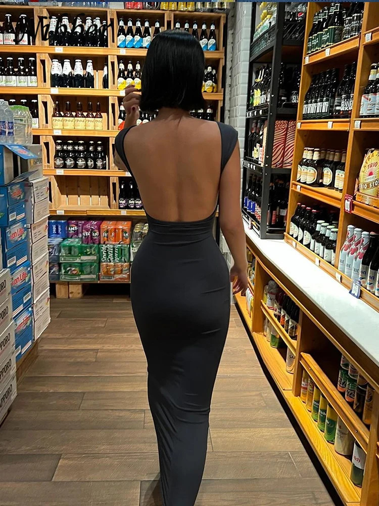 Nibber Solid Sexy Backless Maxi Dress Women Elegant Elastic Slim Short Sleeve Long dresses Female Bodycon Streetwear Clothing 250311