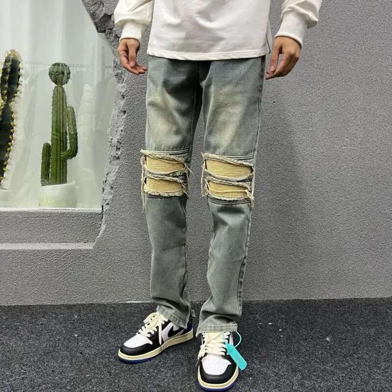 Men s Worn out Jeans For Spring And Summer 2025 Casual And Loose Fashion Designer Korean Zipper Wide Leg Beggar Work Pants Retro Pure Cotton Pants Cas