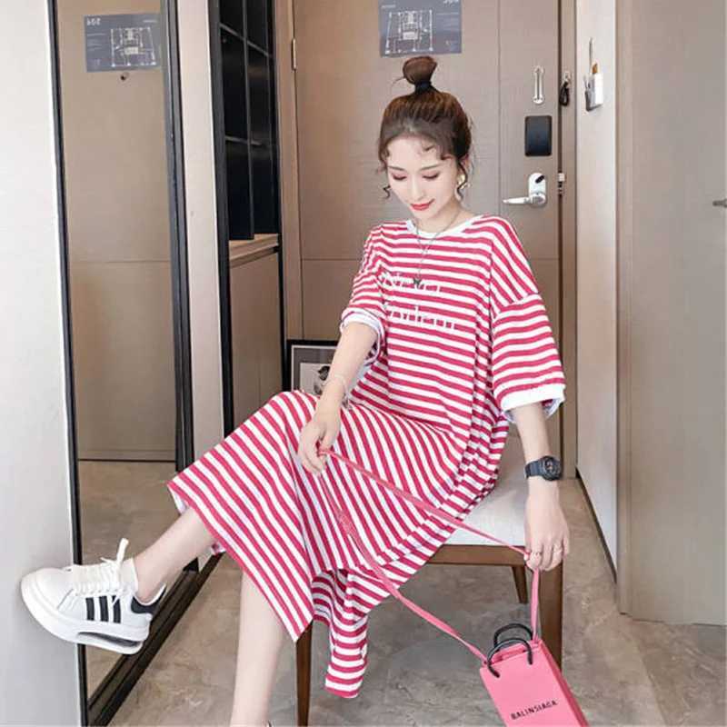Maternity Summer Large Size Dress Korean Loose Maternity Tops Striped Long T-Shirt Dress Knee-Length Short-Sleeved Long SkirtT250311