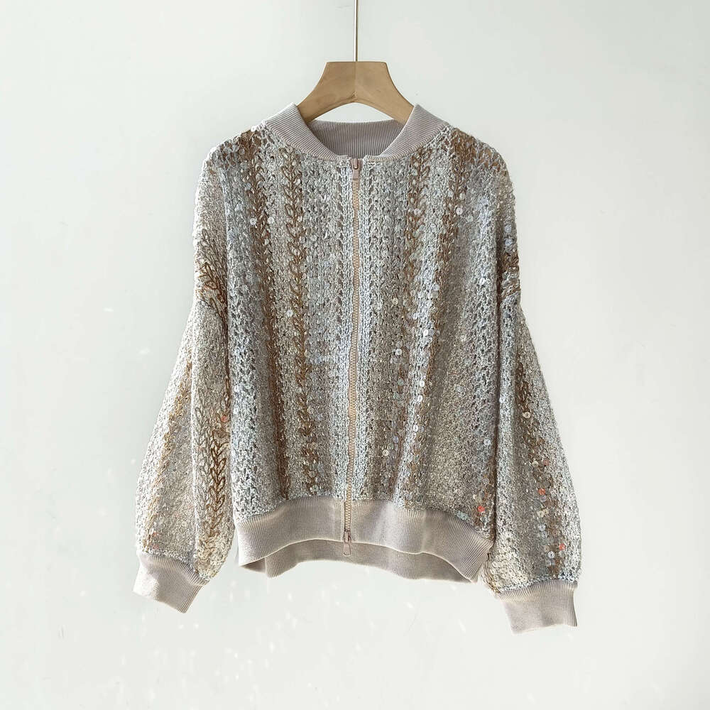 Baorong High-End BC Knitted Jacket For Autumn Women's Clothing, Lao Qian Feng Heavy Industry Fish Scale Sequin Semi High Neck Cardigan