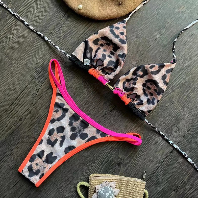 Para Praia 9 Colors Halter Brazilian Bikini Set Splicing Leopard High Cut Swimsuit Women Swimwear BandageBathing Suit 250310