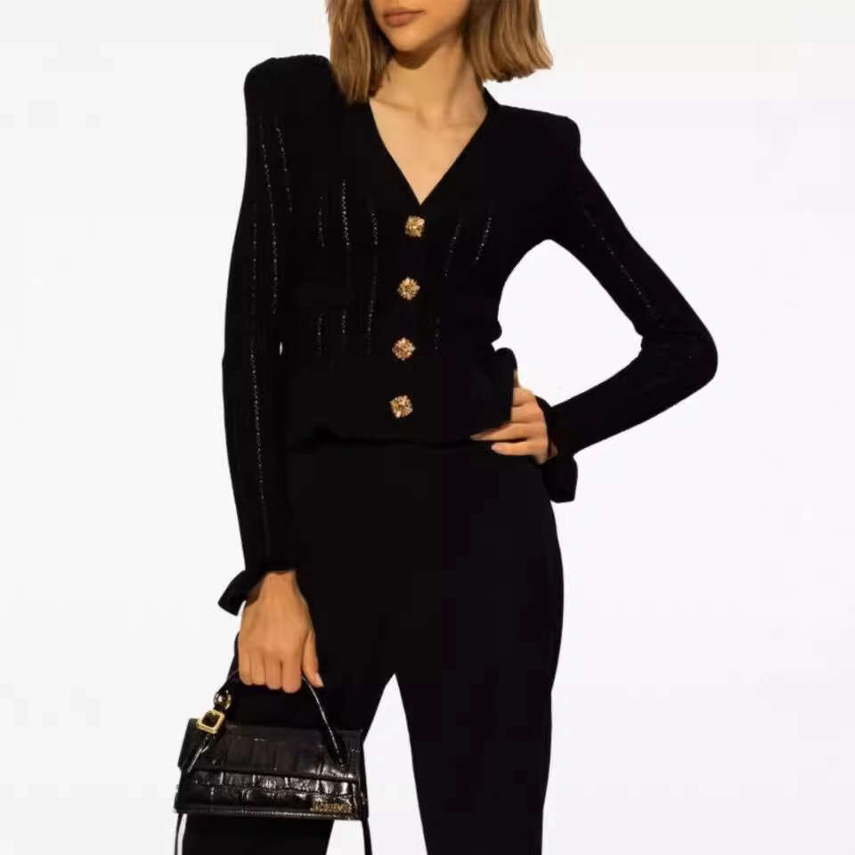 Autumn Diamond Decoration Long Sleeved Cardigan Temperament V-Neck Hollow Waist Knit Top Socialite Ruffle Edge Sweater