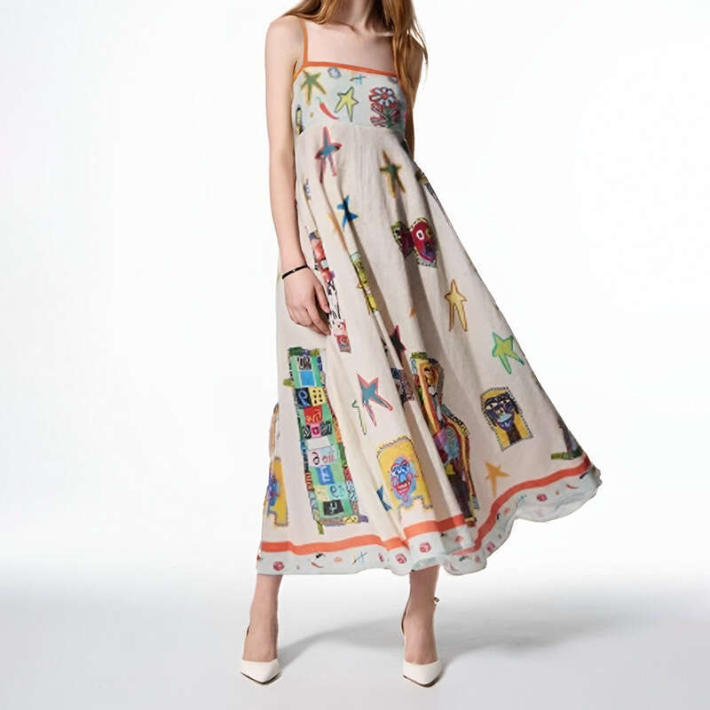Women's 2025 Summer New Sexy Strap Skirt Graffiti Printed Large Pendant Dress For Women KLMY