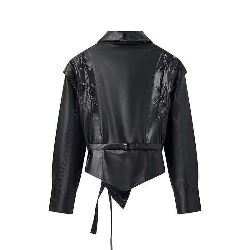 2024 Street Autumn Style Short Motorcycle Leather Jacket Flip Collar Fashion New Women's Wear Y2k