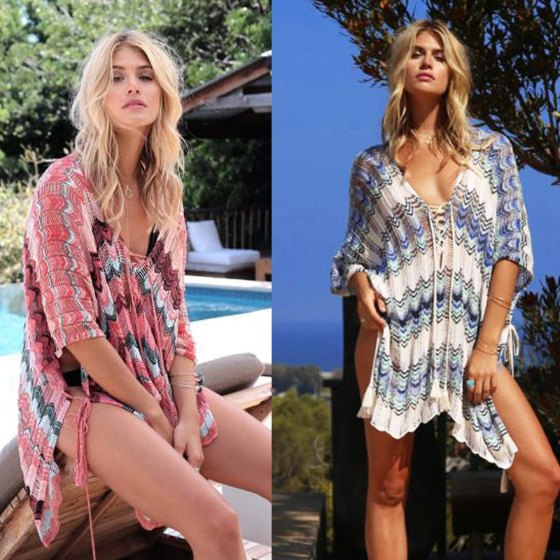 New Beach Vacation Knitted Skirt With Hollowed Out Lace Up Loose Sun Protection Clothing, Multi-Color Patchwork Bikini Cover Shirt
