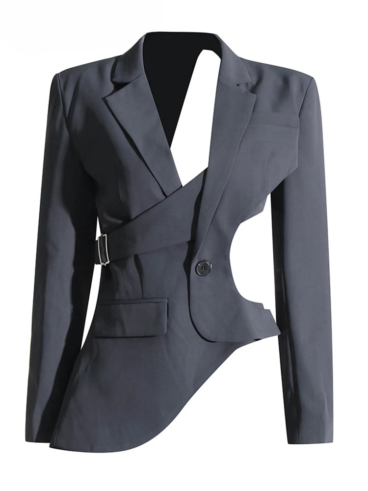 TWOTWINSTYLE Hollow Out Backless Slimming Blazers For Women Notched Collar Long Sleeve Spliced Button Irregular Blazer Female