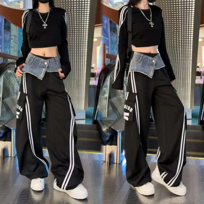 American Style Trendy Denim Two-Piece Illusion Cargo Pants Women's Autumn New Fashion Striped Multi-Pocket Bell Bottoms Casual P