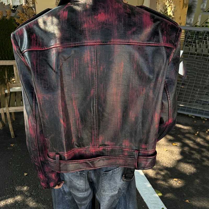 PFNW Ankra Red Brushed Color Design Short PU Leather Jacket Spring Fashion New Lapel Zipper Mens Coat Loose Fit Tops 12C1299T250311