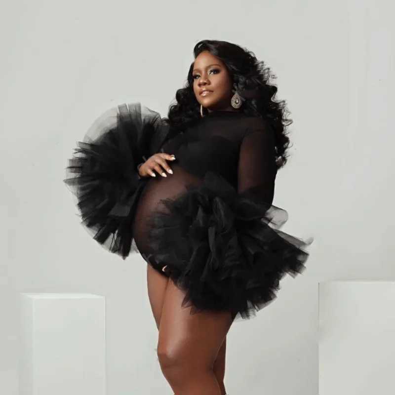 Maternity Photography Props Bodysuit Puffy Ruffled Sleeve Photography Bodysuit Black See Through Tulle Dress For Pregnant Women X250224