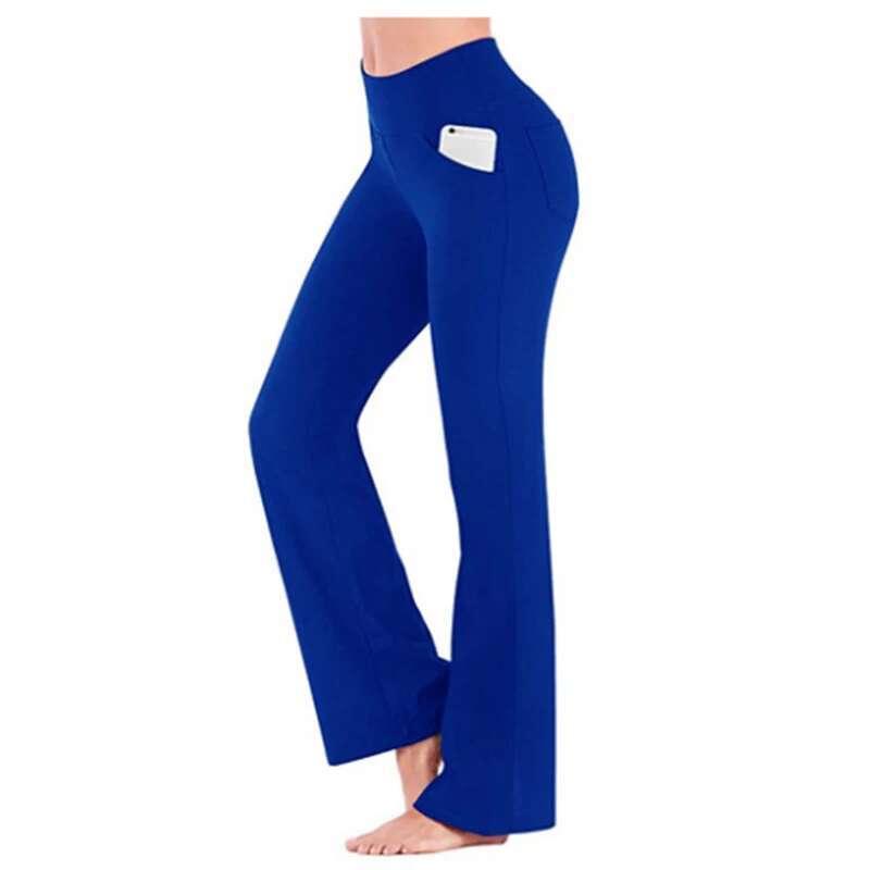 Straight Flare Elastic High Waist Yoga Pockets Casual Holiday Women Clothing Solid Basic Trouser Slim Long Pants Sport