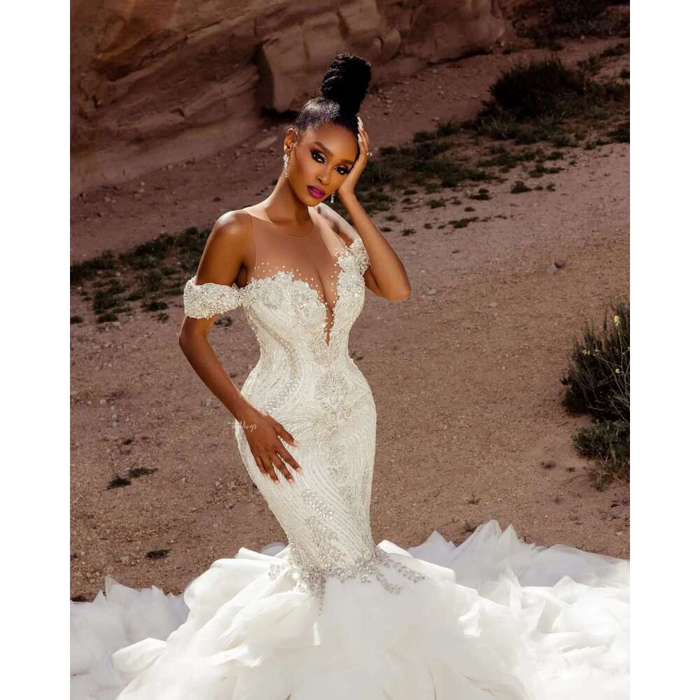 Elegant Arabic Ace Ebi Mermaid Ivory Wedding Fringed Crystals Lace Worship Off Shoulder Bridal Dresses