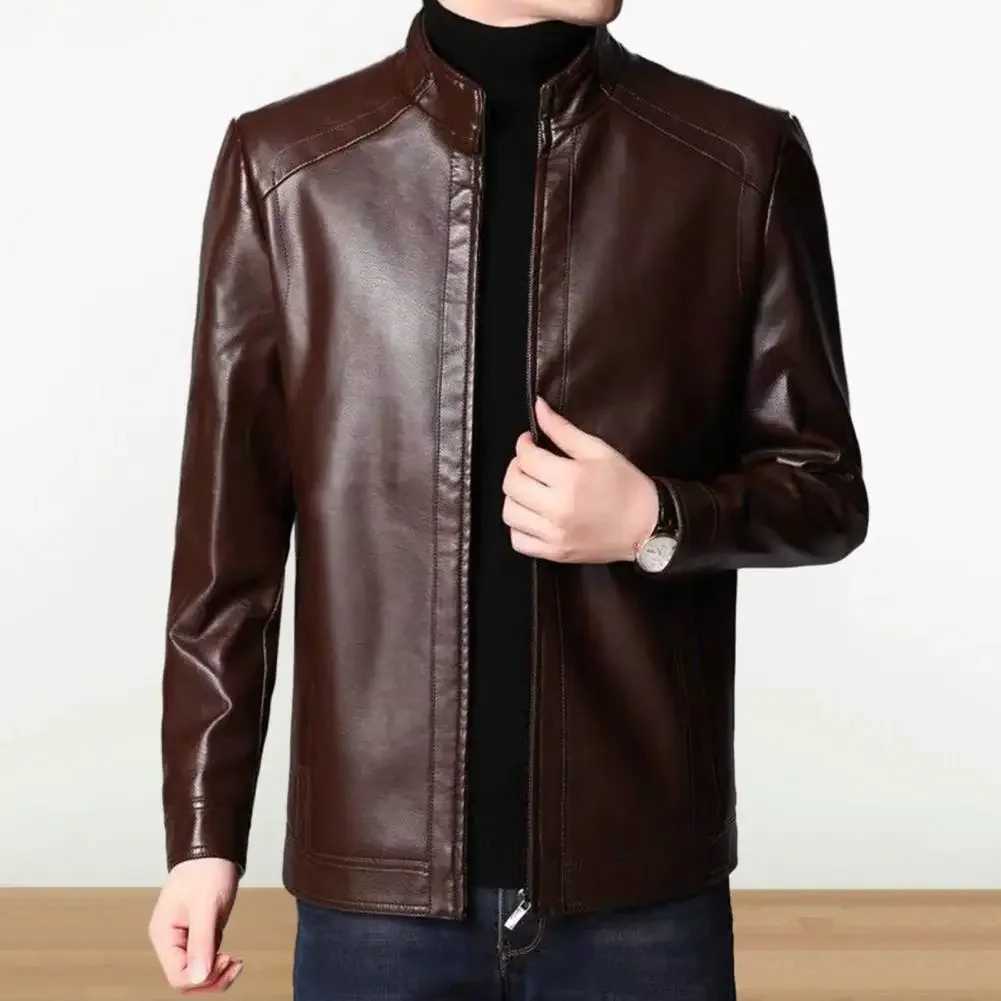 Mens Korean Version Slim Fit Solid Color Coat Standing Collar Autumn and Winter Leather Clothes Imitation Water Leather JacketT250311