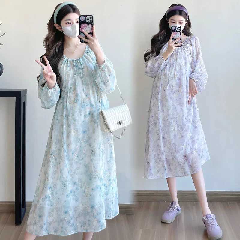 Plus Size Pregnant Woman Floral Dress for Spring Long Sleeve Fashion Embroidery Maternity Beach Dress with Liner Holiday ClothesT250311