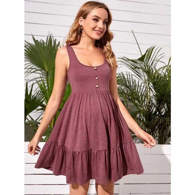Maternity Button Dress Maternity Clothes Summer Casual Pregnant Women Sleeveless V-Neck Dress Vestidos Pregnancy ClothingT250311