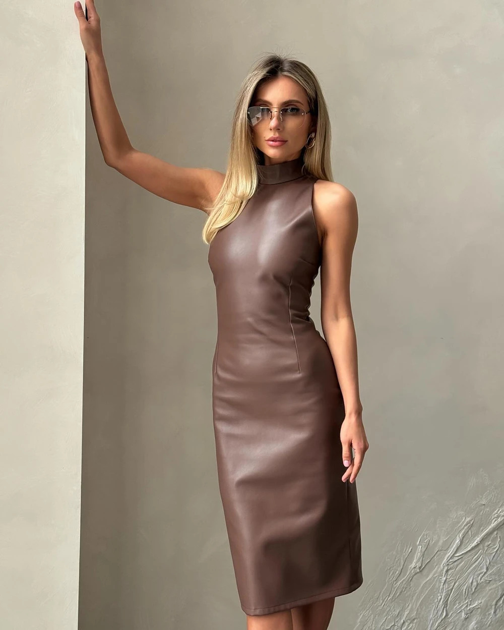 European and American style fashionable PU leather solid color splicing sleeve strapless slim fit Hip dress 250311