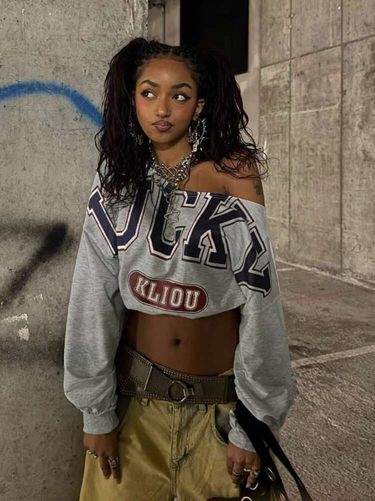 Nibber Letter Print Skew Collar Crop Women Tops Full Sleeve Spring Trend Casual Streetwear Wild Basic Sexy Cool Mini Tees