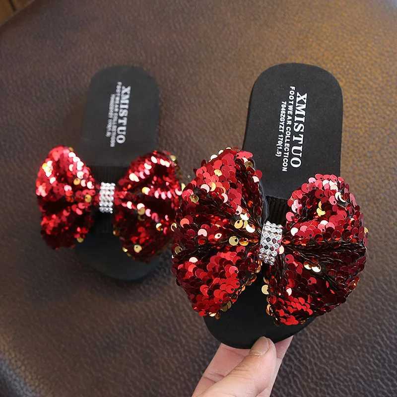 Fashion Sequin Bow Girl Slippers Princess Shoes Children Beach Slipper Girl Sandals Flats Non-slip Soft Kids SlippersT250311