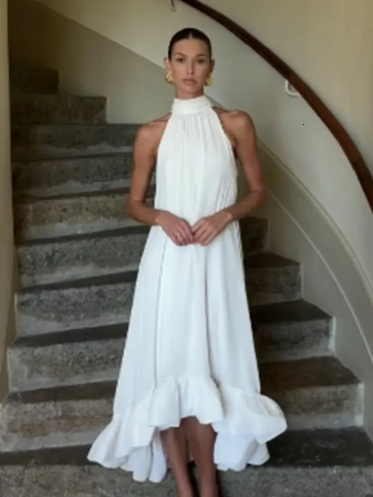 Summer Lady Sexy Open Back Halter Dress For Women Elegant White Off Shoulder Loose Aline Dresses Highstreet Party Robe 250311