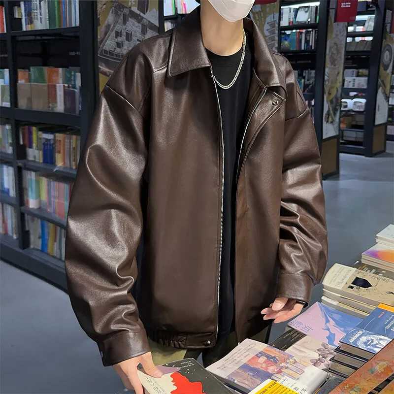 New Mens Faux Leather Jacket Coat Zipper Turn-down Collar Solid Retro Casual Loose Outerwear Man ClothingT250311