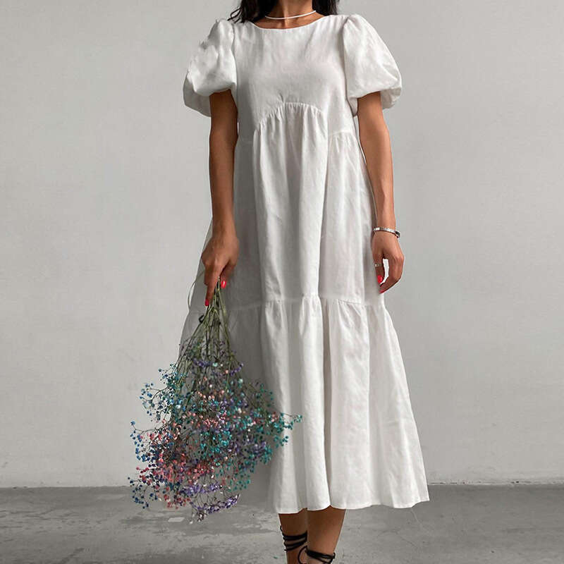 Spring New Style Solid Color Casual Fashion Round Neck Short Sleeve Loose Dress 661 KLMY