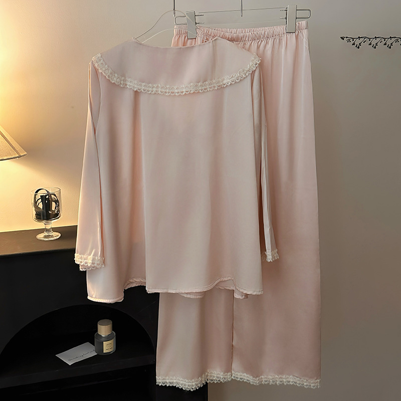 Women's Sleepwear Spring Women Satin Silk Pajama Set V Neck Loose Sleepwear Pyjamas Nightgown Female Loungewear Home Suit