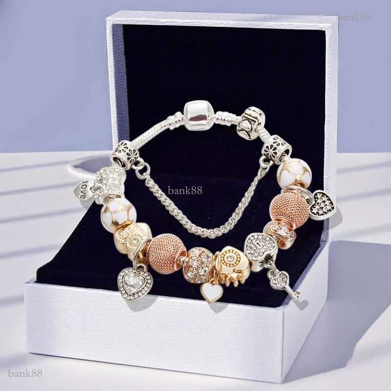 Diamond Heart Charm Bracelet 925 Sterling Silver Plated Snake Chain Bracelets Women Girls Party Jewelry Key Beads Pendant Charms bracelet set with Lux