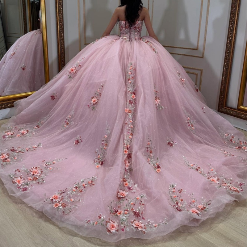 Pink Shiny Off Shoulder Quinceanera Dresses Applique Flower Beading Tull Party Birthday Sweet 16 Dress Vestidos 15 De Anos