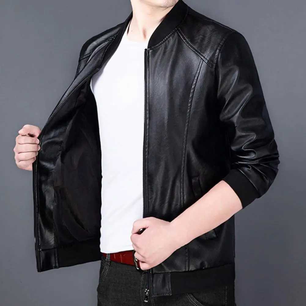 Men Jackets Coat Warm Plush Lining Stand Collar Leather Jacket Bomber Motorcycle Jacket Biker PU Baseball Jacket Men OuterwearT250311