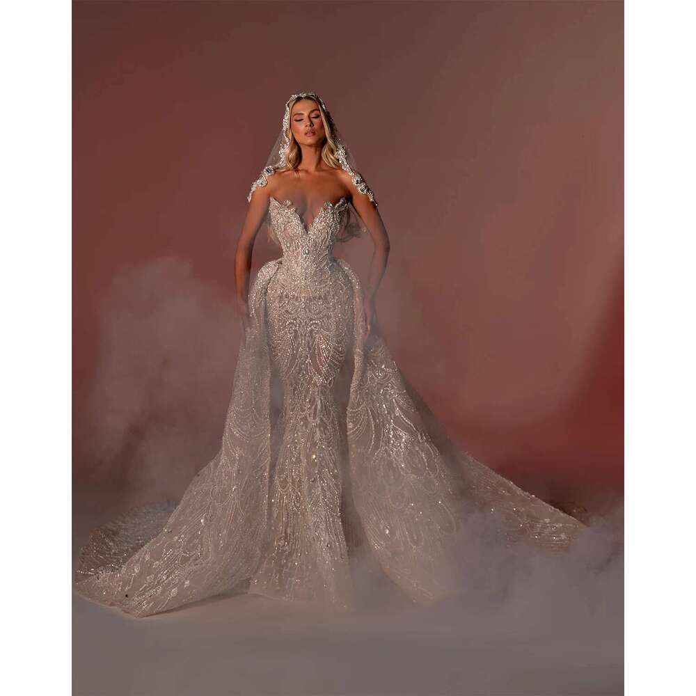 Mermaid V Neck, Sequined Lace, Sleeveless Bridal Dresses, Detachable Train, Custom Made