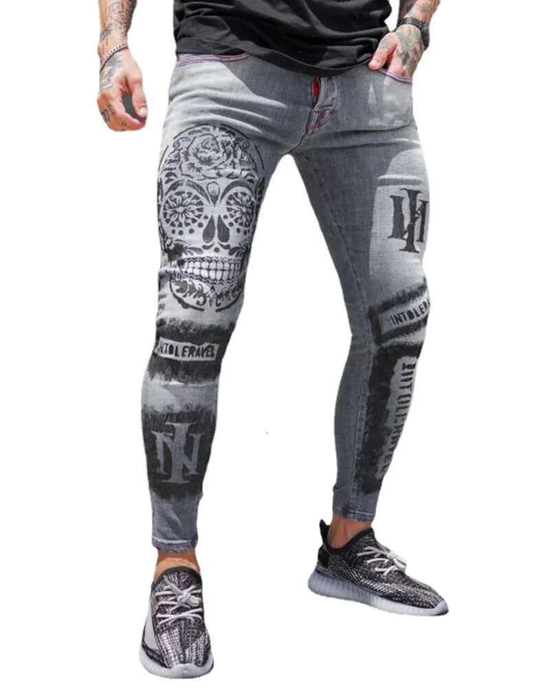 2025 Fashion Designer Summer New Jeans Men s Stretch Casual Slim Fit Grey Printed Pencil Pants Tight Outdoor Casual Pants Straight Leg Pants