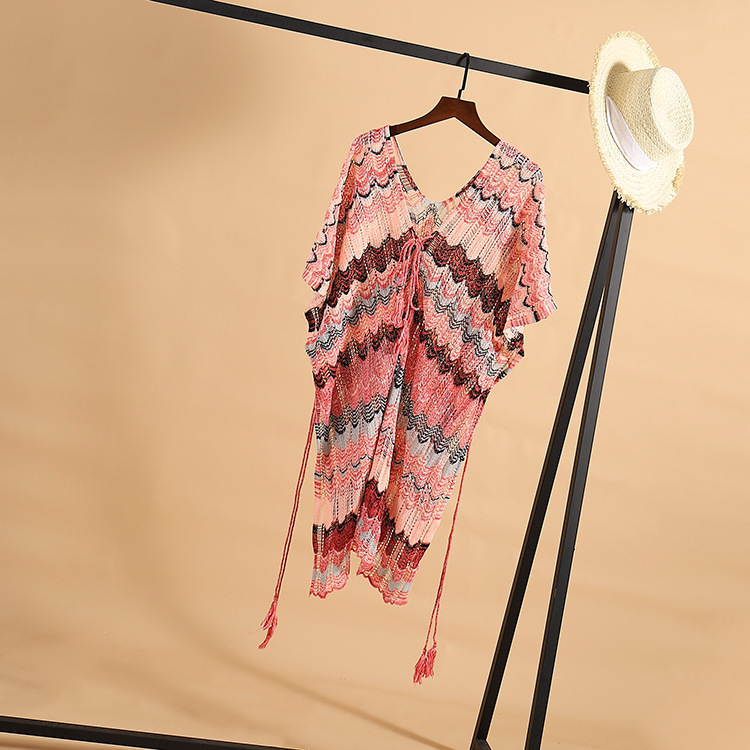 New Beach Vacation Knitted Skirt With Hollowed Out Lace Up Loose Sun Protection Clothing, Multi-Color Patchwork Bikini Cover Shirt
