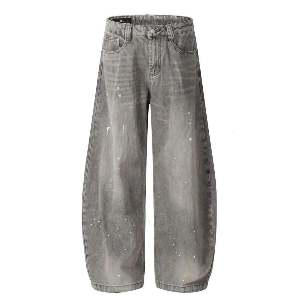 Jiayiku Men's 2025 New American High Street Inkjet Washed Curved Knife Jeans Vibe Wide Leg Pants