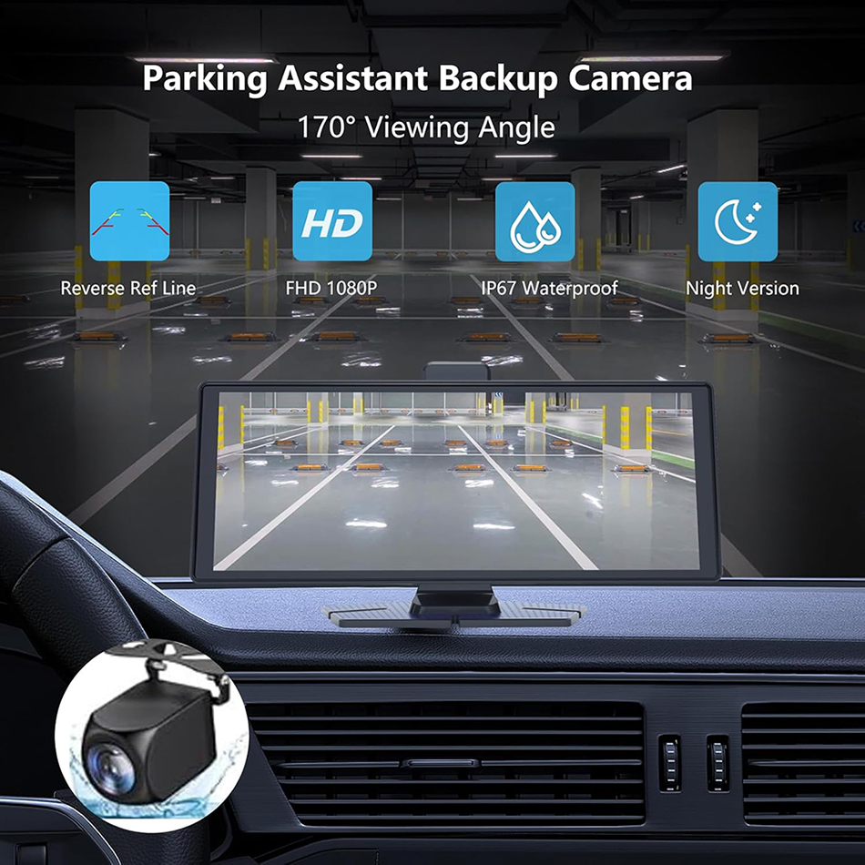 10.26'' Wireless CarPlay & Android Auto Screen for with 4K Dash Cam, 1080p Backup Camera, Bluetooth, GPS Navigation, Voice Control, Mirror L