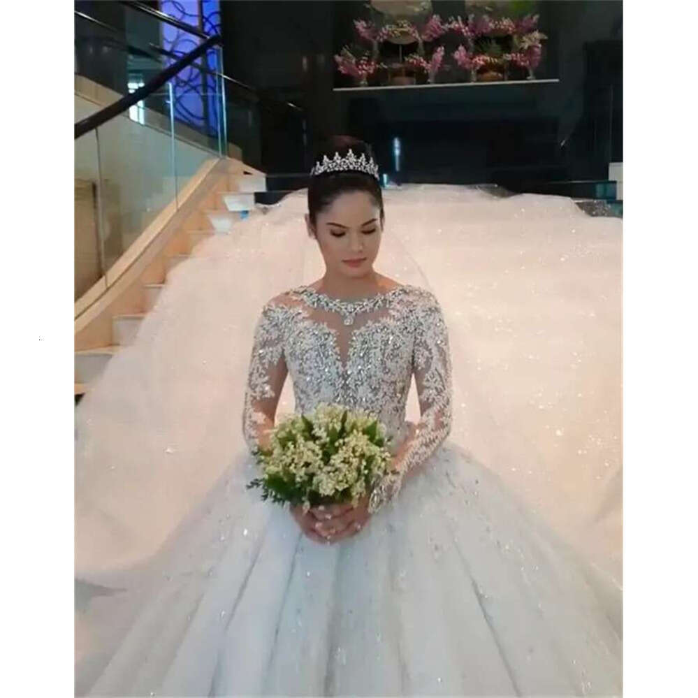 Pcs One Urious Beadings Appliques Ball Gown Wedding Dresses Sexy Sheer Sleeves Beads Ruched Long Train Bridal Gowns