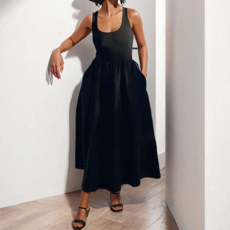 2025 Spring Women's Style Strap Top Pleated Solid Color U-Neck New Year Dress KLMY
