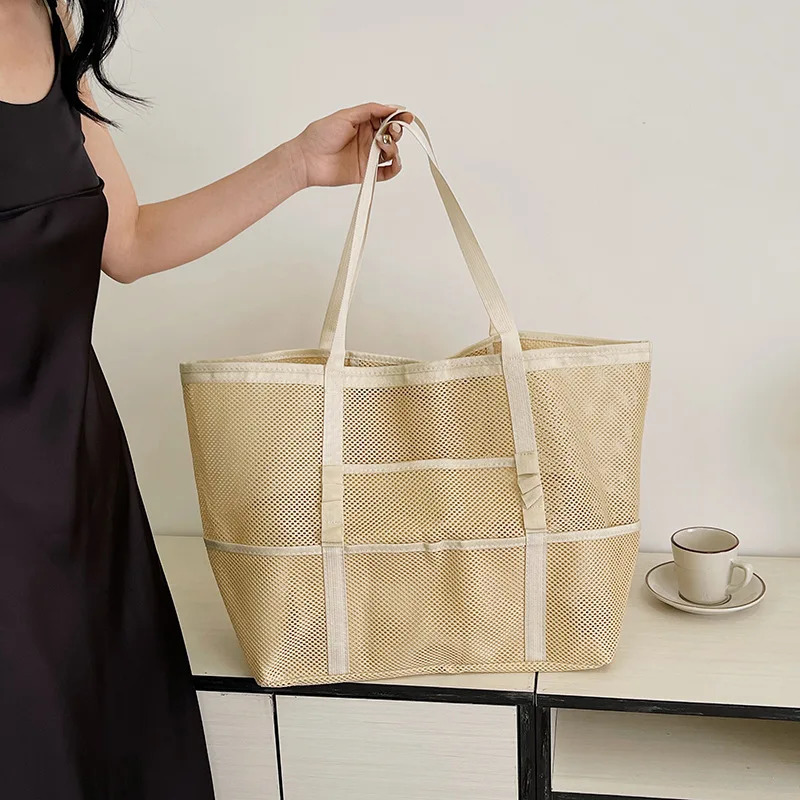 Oversized Shoulder Tote Bags For Women Mesh Fabric Hollow-out Multi-pocket Big Capacity Shopper Beach Handbags 2024 Summer R250311