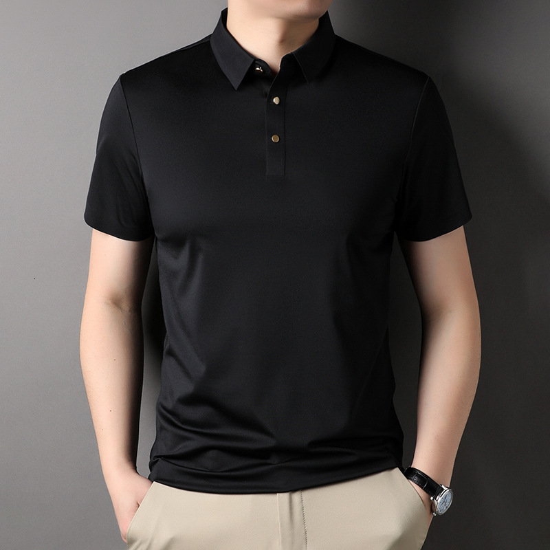Ice silk short sleeved polo shirt, business casual formal wear, no iron high-end pure color high elasticity t-shirt, men's light luxury tracksuit