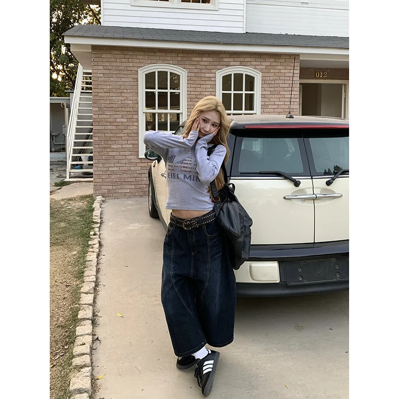 Blue Womens Jeans High Waist Vintage n Hip Hop Straight Baggy Denim Pants Street Y2K American Style Wide Leg Trouser 250311