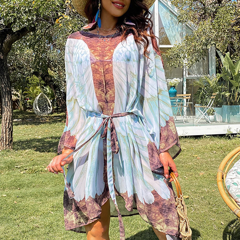 Beach Sun Protection Clothing With Loose Printed Angel Wings, Knitted Bikini, And Beach Cover