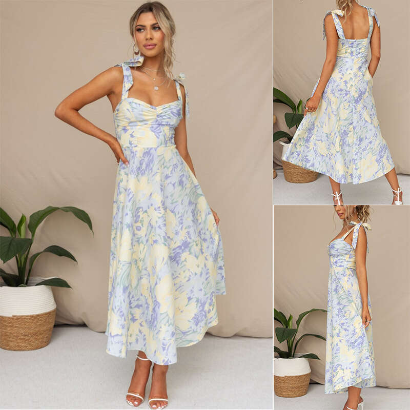 European and American slim fit slimming waist cinched V-neck suspender print medium long dress for women 2025 new style temperament chic elegant cloth