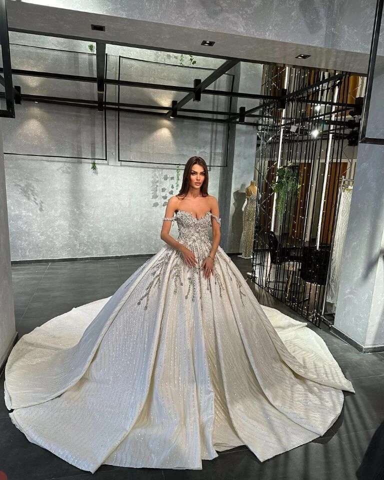 Brilliant Arabic Crystal Dresses Ball Gown Spaghetti Ribbons Applique Wedding Dress Lace Made to Order