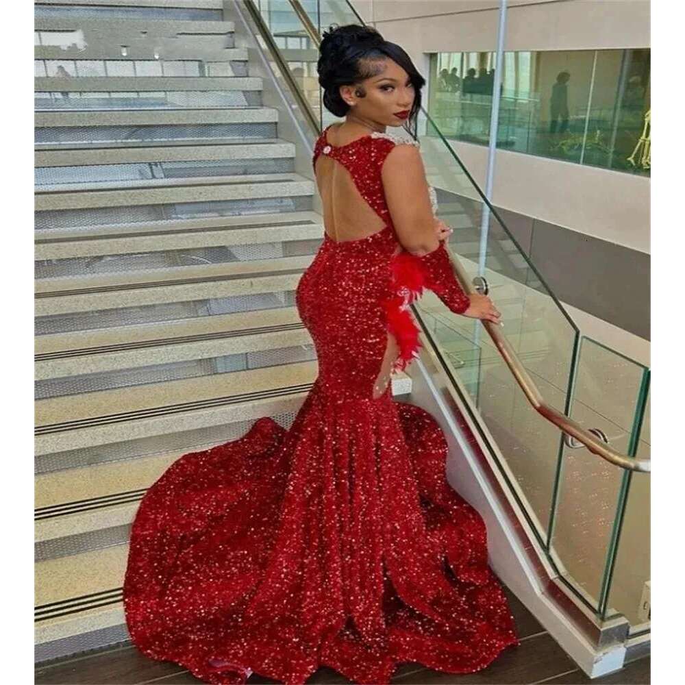 Red Long Prom Dress For Black Girls Mermaid Sheer Sequins Feather Crystals Birthday Party Dresses Women Evening Gown Customized al0311