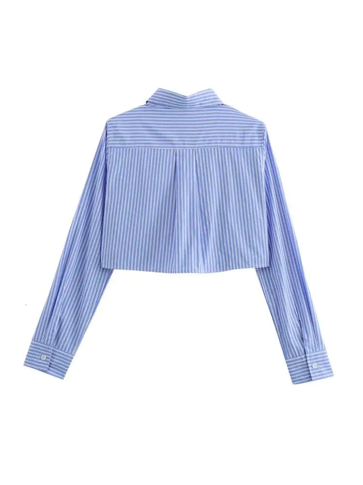 TRZA Womens Chic Striped Crop Shirt Long Sleeve ButtonUp Blouse with Pockets Fashion Female Top 250311