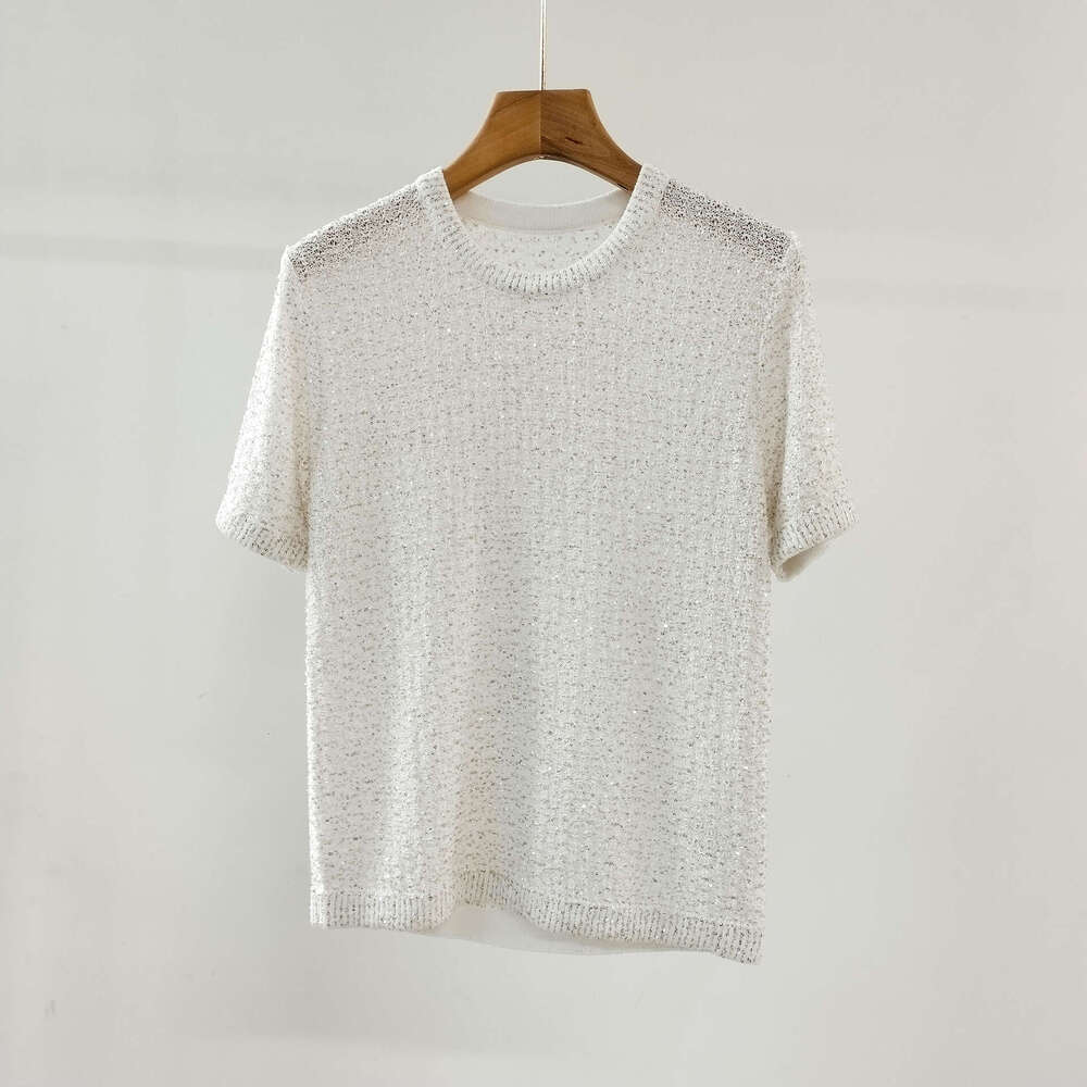 New Summer 2024 Nanyou High End Silk Sparkling Small Fragrant Knitted Shirt Women's Short Sleeve Hoodie Top
