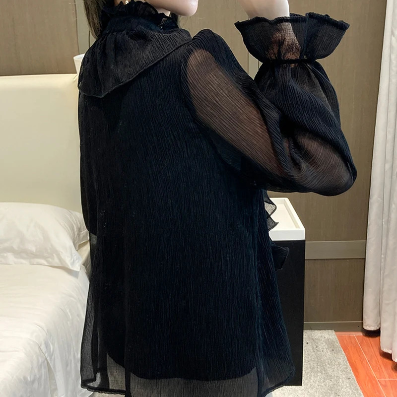 Autumn Vintage Ruffles Clothes Lace Blouse Women Spring Stand Collar White Chiffon Shirt Long Puff Sleeve Loose Tops Elegant 250310