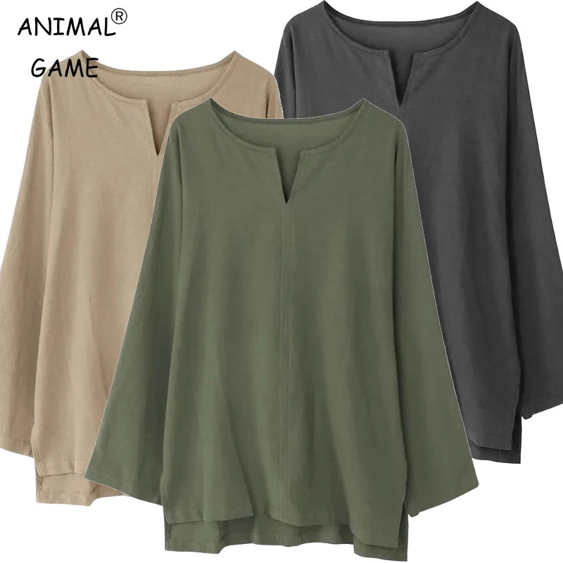 Mens Long Sleeve Tshirt Solid Color Vneck n Lightweight Shirts Oversized Breathable T Shirt Linen Cotton Streetwear 250311