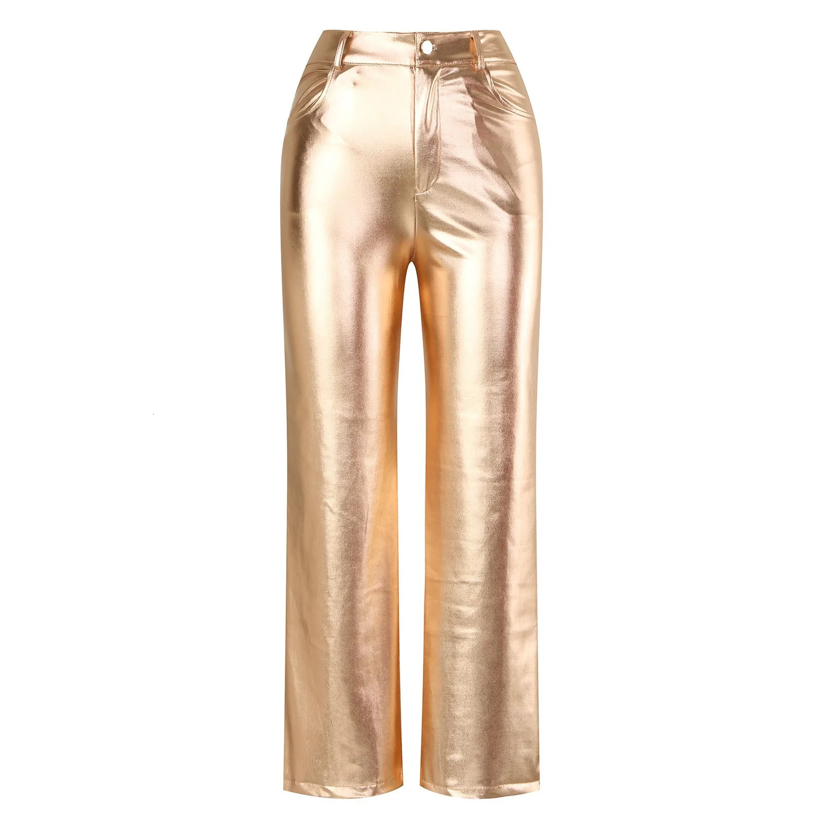 Gold shiny womens pants 2024 fashionable casual PU leather pants solid color ankle pants nightclub womens pants 250305