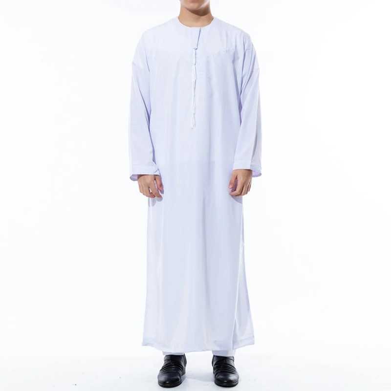 Islam Qamis Man Morocco Thobes for Muslim Men Clothing Arabic Djellaba White O Neck Long Sleeve Shirt Prayer Dress Saudi CaftanXJ250310