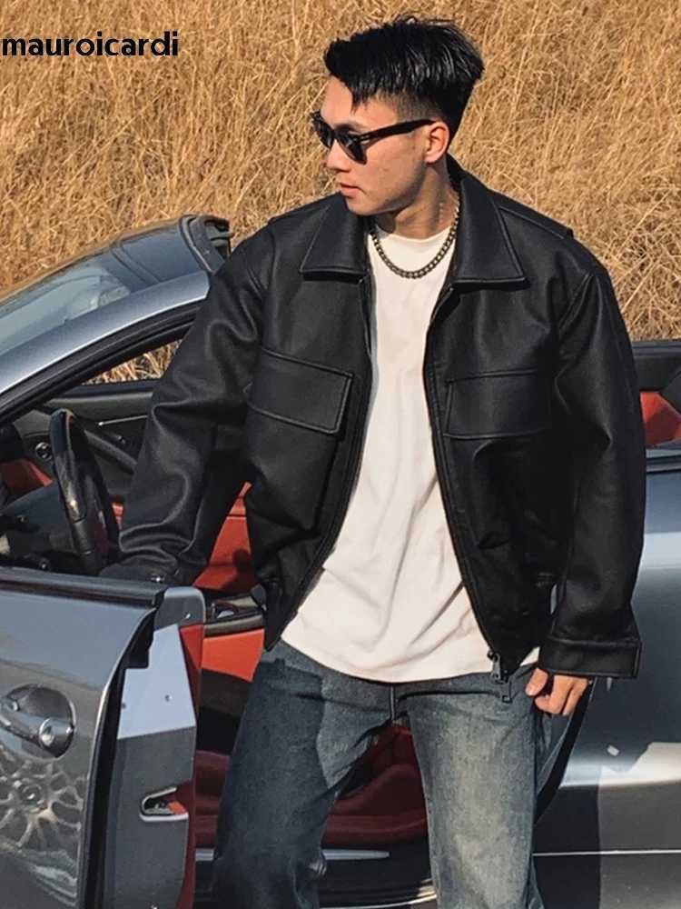 Mauroicardi Spring Cool Handsome Oversized Short Matte Black Pu Leather jacket Men Zipper Pockets Loose Luxury Designer ClothesT250311